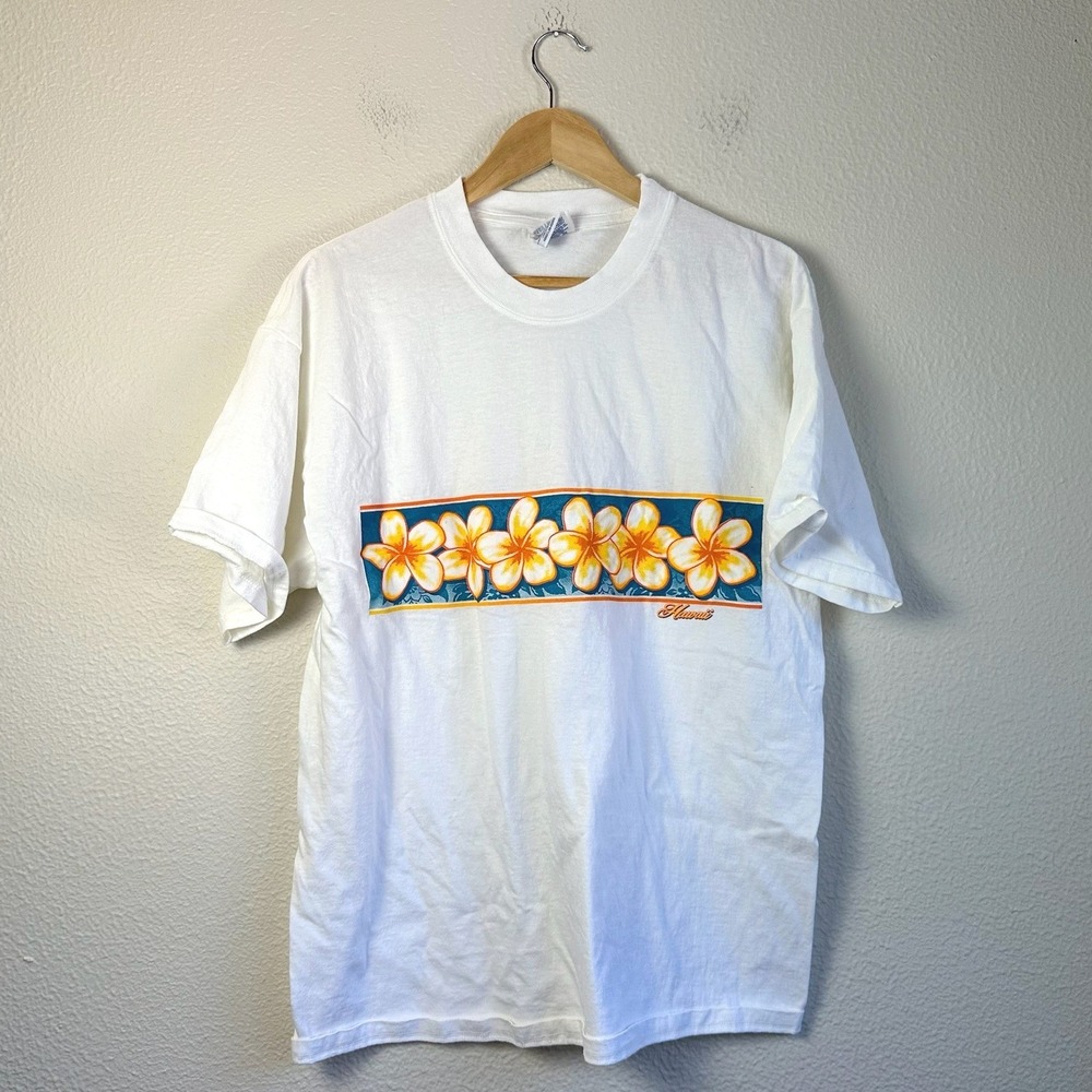 Y2K Hanes T-Shirt Mens Large White Surfer Vintage Hawaii Plumeria Floral Graphic